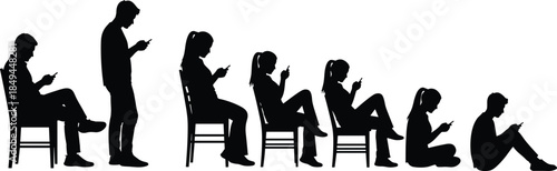 Silhouettes of people sitting and standing while using smartphones, showing modern technology habits, digital lifestyle poses, communication concept and everyday mobile device usage