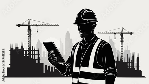Construction worker in hard hat and safety vest holding a tablet.