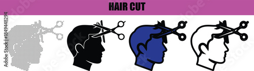 Professional barber haircutting a boy with scissors and comb, clean line art and dotted pattern vector illustration isolated on white background for grooming, education, and lifestyle projects