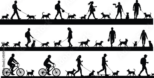 Silhouettes of People Walking Dogs on Leashes, Cycling, and Skateboarding Outdoors, Illustrating Pet Ownership, Exercise, Leisure, Recreation, and Human-Animal Bond in Public Parks