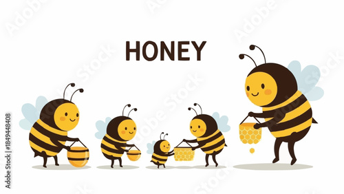 Cute cartoon bees working together to collect honey.