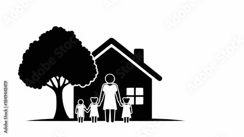 Family standing in front of a house with a tree.