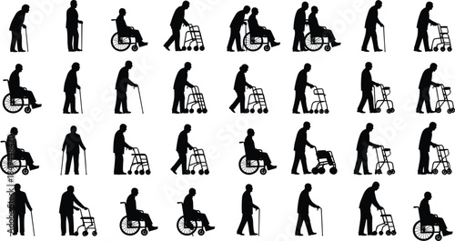 Silhouettes of Seniors, Elderly People with Mobility Aids like Walkers, Canes, and Wheelchairs, Illustrating Aging, Assistance, Disability, Retirement, and Accessible Healthcare Concepts