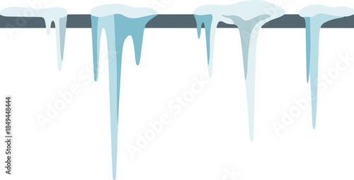 A flat vector illustration of varying lengths of blue icicles hanging from a dark, snow-topped horizontal bar or roof edge.