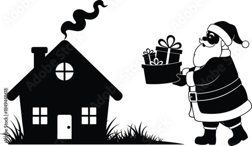 Santa claus delivering gifts to a cozy house with a smoking chimney on christmas eve