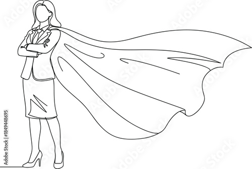 Single continuous line drawing of powerful businesswoman with crossed arms wearing a superhero cape flying behind her, symbolizing leadership success empowerment and corporate strength concept