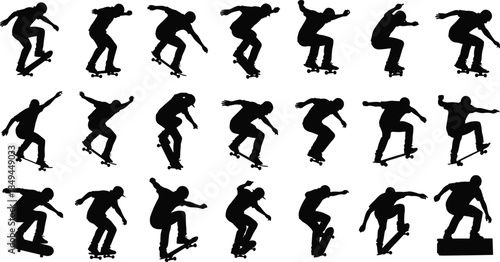 Skateboarder Silhouette Vector Collection, Extreme Sport and Skateboarding Action Poses, Urban Rider Figures, Graphic Icons for Youth Culture and Streetwear