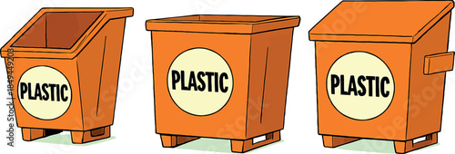 Three Orange Plastic Recycling Bins for Waste Management