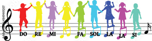 Solfège, music, children, colorful, notes, DO, RE, MI, FA, SOL, LA, SI, staff, treble, clef, education, playful, learning, illustration, design, concept