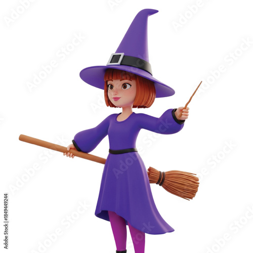 Cartoon Witch Flying on a Broomstick with Wand character