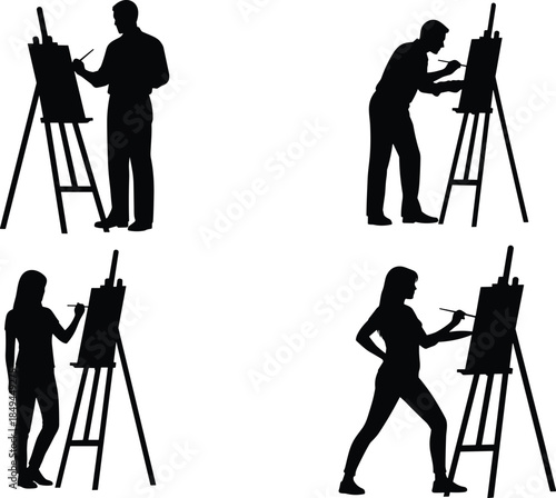 Square Collection of Artists and Painters Silhouettes Working with Easels and Brushes, Depicting Creativity, Art Education, Fine Arts, and Professional Artistic Practice, Vector Illustration