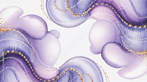 Soft ethereal watercolor background with abstract wavy shapes and golden dots