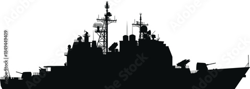 Military warship silhouette, navy destroyer, combat vessel, defense, battleship, armament, modern, security, ocean, vector, maritime.