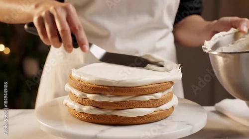 A baker spreads creamy frosting on a multi-layered cake with a spatula