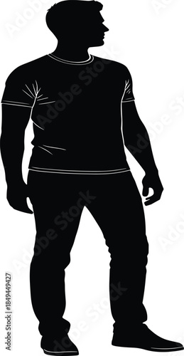 Standing man silhouette, casual male figure, black vector illustration, relaxed posture clipart, fashion pose design, human shape, lifestyle concept