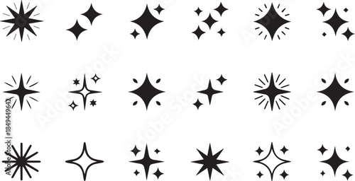 Black Sparkle Icon Set – 16 Stylized Star Symbols for Light, Shine, and Magical Effects in Design