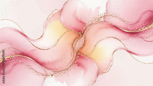 Soft ethereal watercolor background illustration with abstract floral shapes and gold accents in a serene environment viewed from above