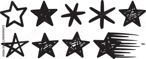 Hand-Drawn Star Icon Set – 10 Unique Sketch Styles for Creative Design and Illustration