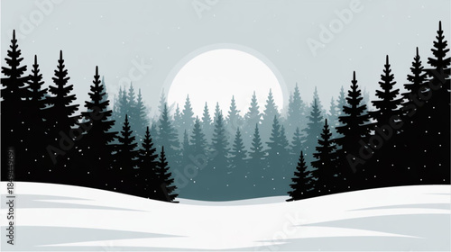 Winter forest landscape with a large full moon behind silhouetted pine trees and falling snow