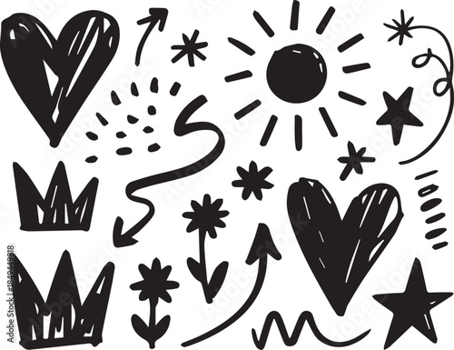 Hand-Drawn Doodle Icon Set – Hearts, Crowns, Flowers, Arrows, Sun, and Scribbles in Whimsical Style