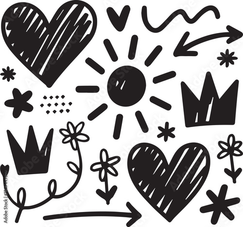 Hand-Drawn Doodle Icon Set – Hearts, Crowns, Flowers, Arrows, Sun, and Scribbles in Whimsical Style