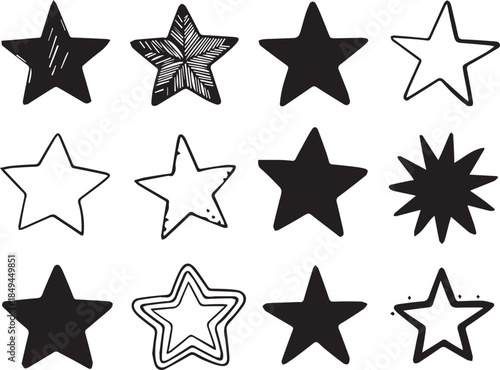 Star Icon Set – 12 Unique Black Star Illustrations with Textured, Outlined, and Patterned Variations