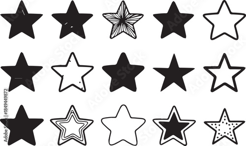 Star Icon Set – 12 Unique Black Star Illustrations with Textured, Outlined, and Patterned Variations