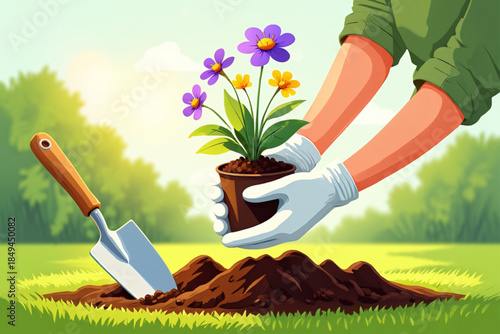 Spring Gardening with Gloved Hands Planting Flower Seedling Vector Art