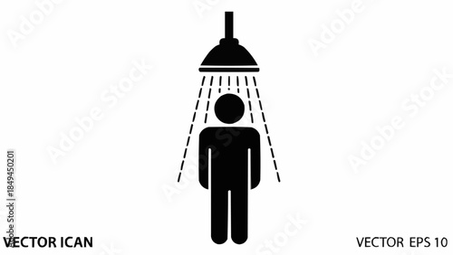 Simple black icon of a person showering under a shower head.