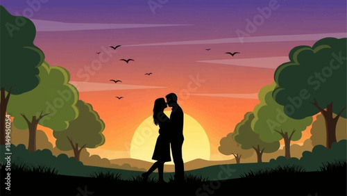 Silhouette of a loving couple embracing during a beautiful sunset.
