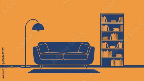 Minimalist Living Room Furniture Arrangement With Bookshelf.