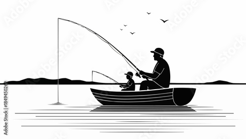 Father and Son Fishing Together in a Boat.
