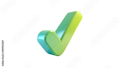 A 3D rendered, glossy green check mark floats against a stark black background