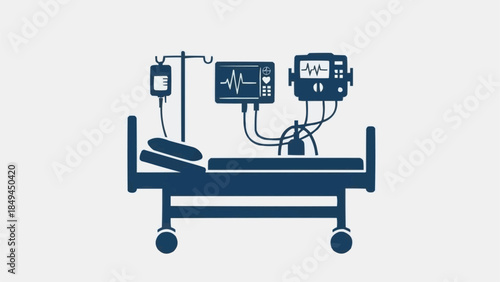 Hospital Bed With Medical Equipment And IV Drip.