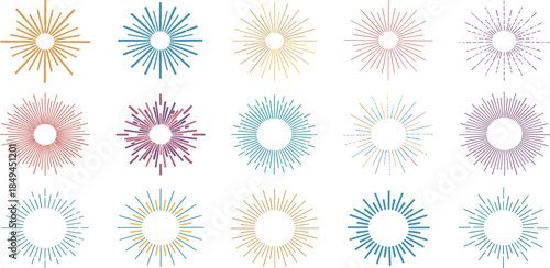 A collection of colorful, abstract starburst illustrations arranged in a grid pattern on a white background viewed from directly above