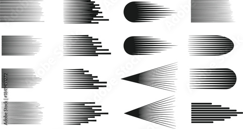 Abstract black and white motion graphics elements on a white background