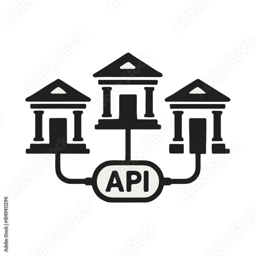 Icon "Open Banking" - Different banks (building icons) with their doors open, connected via an API (data cable).