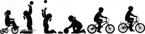 Silhouettes of children playing, riding bikes, throwing balls, engaging in outdoor activities, isolated on white background, active kids illustration set