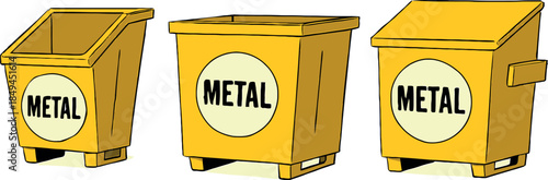 Three yellow metal recycling bins isolated on white background