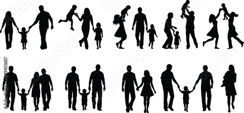 Silhouettes of diverse happy families with parents and children holding hands, walking, and playing, symbolizing strong family bonds, parental love, and joyful childhood moments in vector art.