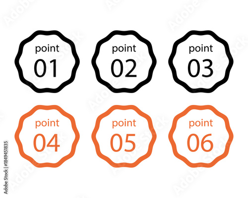 ポイント01〜06の番号バッジセット｜ポイント、番号、ラベル、アイコン、ステップ