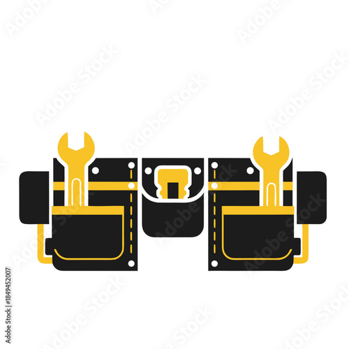 Essential black and yellow tool belt with wrenches, a modern vector-style graphic illustration perfect for representing construction, handyman services, and repair work projects