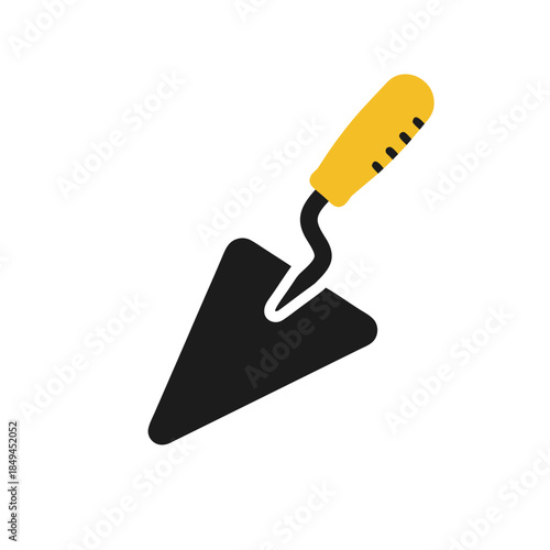 A vibrant vector illustration of a sturdy construction trowel, perfect for masonry and gardening tasks, featuring a black blade and a bright yellow ergonomic handle on a clean background