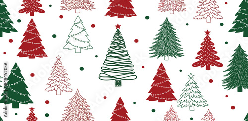 Vibrant and Festive Seamless Christmas Tree Pattern Design Featuring Red and Green Evergreens with Dotted Accents, Perfect for Holiday Backgrounds and Seasonal Decorations