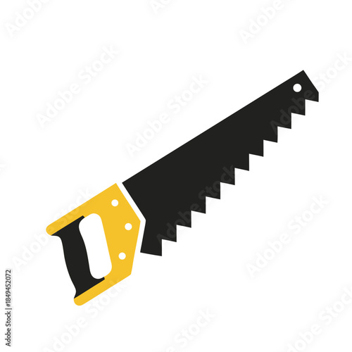 Vector illustration of a hand saw, with a sharp black blade and a yellow handle, symbolizing woodworking, carpentry, construction, and DIY repair projects