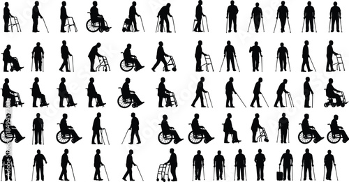 Silhouettes of diverse senior adults and elderly people utilizing mobility aids including wheelchairs, walkers, and canes for walking, sitting, and standing with assistance