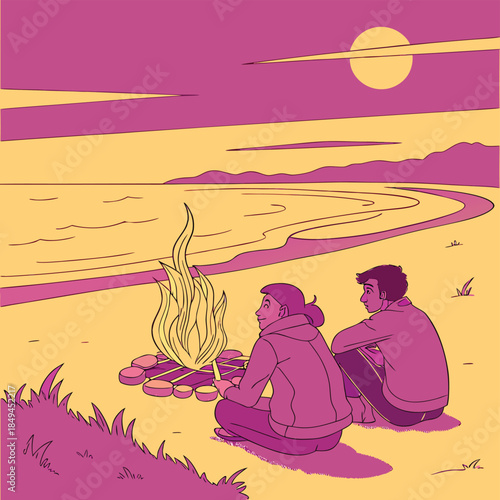 Beachside Serenity: A couple finds solace beside a crackling bonfire at dusk, nestled on a sandy beach. The moon casts a soft glow on the serene coastal scene. 