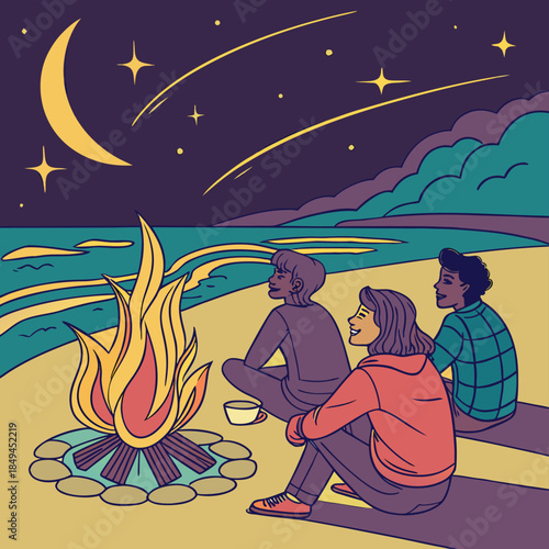 Campfire Storytelling Under the Stars: Friends gather around a crackling campfire on a tranquil beach, sharing stories and laughter beneath a celestial canvas of moon and shooting stars.