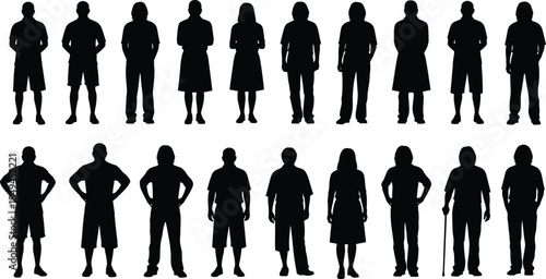 Silhouettes of diverse standing people, mixed genders and poses, isolated on white background, group figures for design, infographic, crowd illustration
