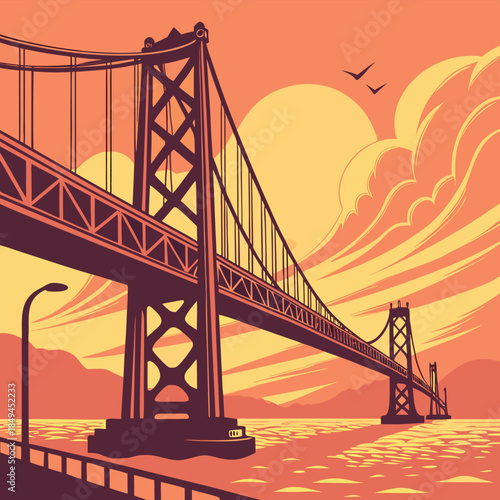 Golden Gate Bridge in Sunset: A vibrant depiction of the iconic bridge set against a stunning sunset, painted with warm colors and a touch of artistic flair.
